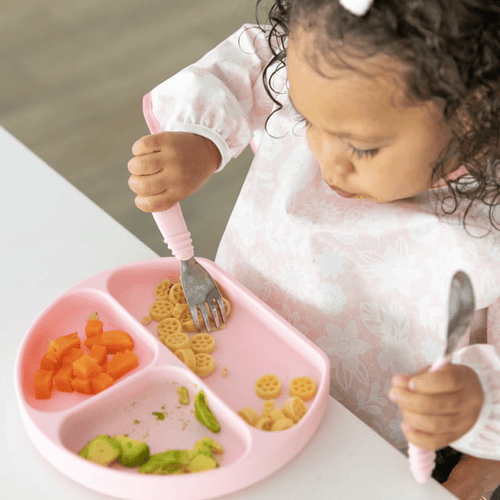 Bumkins Toddler Fork and Spoon Set, Stainless Steel & Silicone Utensils for Babies and Kids 18 Mos+ (Pink) EasyOptionXY LLC