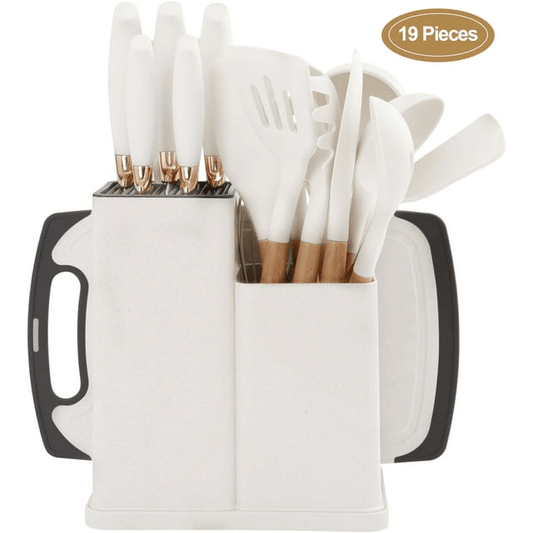 19 Pcs Knife Sets for Kitchen with Block, with 9 Piece Silicone Cooking Utensils Set 5 Piece Sharp Stainless Steel Chef Knives Scissors Whisk Tongs and Cutting Board (19 in 1) (Beige) EasyOptionXY LLC