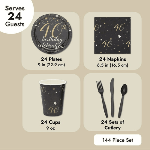 144 Piece 40th Birthday Party Supplies Set for Men, Women, Serves 24 Paper Plates and Napkins, Cups, Cutlery, Black and Gold Disposable Set for 40 Birthday Decorations EasyOptionXY LLC