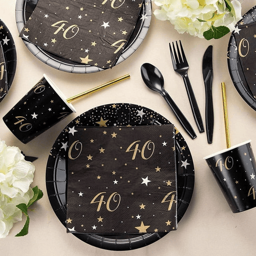 144 Piece 40th Birthday Party Supplies Set for Men, Women, Serves 24 Paper Plates and Napkins, Cups, Cutlery, Black and Gold Disposable Set for 40 Birthday Decorations EasyOptionXY LLC