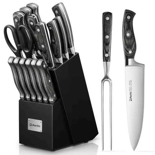 D.Perlla Knife Set, 16 Pieces German Stainless Steel Knife Set with Block and Wooden Handle, Black EasyOptionXY LLC