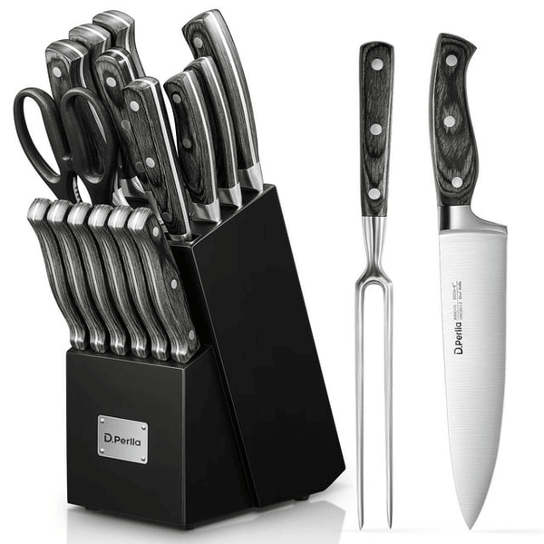 D.Perlla Knife Set, 16 Pieces German Stainless Steel Knife Set with Block and Wooden Handle, Black EasyOptionXY LLC