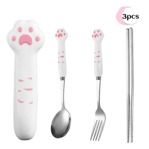 Travel Utensils, 4 Pcs Portable Flatware Set - Cutlery Set w/ Stainless Steel Fork Spoon Chopsticks & Case for School, Office, Picnic (Cat Paws) EasyOptionXY LLC