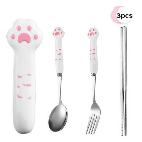 Travel Utensils, 4 Pcs Portable Flatware Set - Cutlery Set w/ Stainless Steel Fork Spoon Chopsticks & Case for School, Office, Picnic (Cat Paws) EasyOptionXY LLC