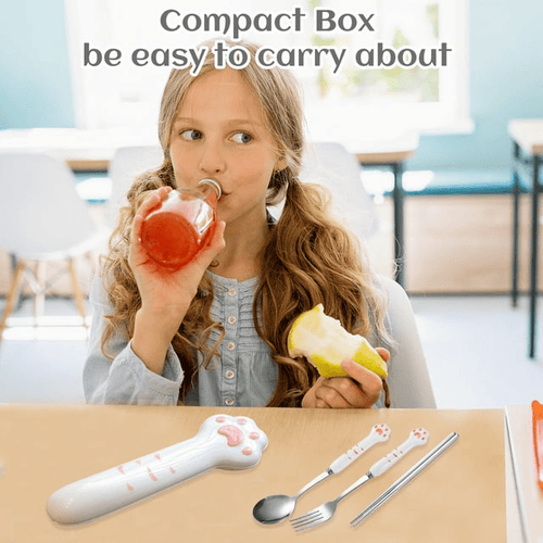 Travel Utensils, 4 Pcs Portable Flatware Set - Cutlery Set w/ Stainless Steel Fork Spoon Chopsticks & Case for School, Office, Picnic (Cat Paws) EasyOptionXY LLC