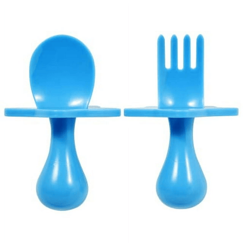 Nooli First Self-Feeding Utensils USA-Made, BPA-Free Spoon & Fork Set for Babies & Toddlers Ages 6+ Months Anti-Choke Shield Easy-Grip Handles for Baby-Led Weaning and Independent Eating (Blue) EasyOptionXY LLC
