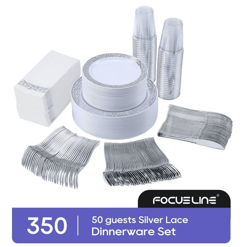 350 Piece Silver Dinnerware Set 50 Guest-100 Silver Lace Plastic Plates-50 Silver Plastic Silverware-50 Silver Plastic Cups-50 Linen Feel Silver Paper Napkins,FOCUSLINE Disposable Dinnerware Set EasyOptionXY LLC