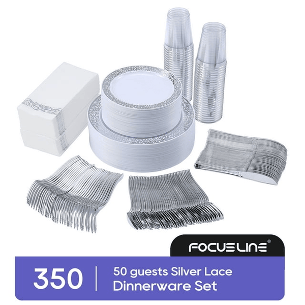 350 Piece Silver Dinnerware Set 50 Guest-100 Silver Lace Plastic Plates-50 Silver Plastic Silverware-50 Silver Plastic Cups-50 Linen Feel Silver Paper Napkins,FOCUSLINE Disposable Dinnerware Set EasyOptionXY LLC