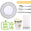 350 Piece Silver Dinnerware Set 50 Guest-100 Silver Lace Plastic Plates-50 Silver Plastic Silverware-50 Silver Plastic Cups-50 Linen Feel Silver Paper Napkins,FOCUSLINE Disposable Dinnerware Set EasyOptionXY LLC