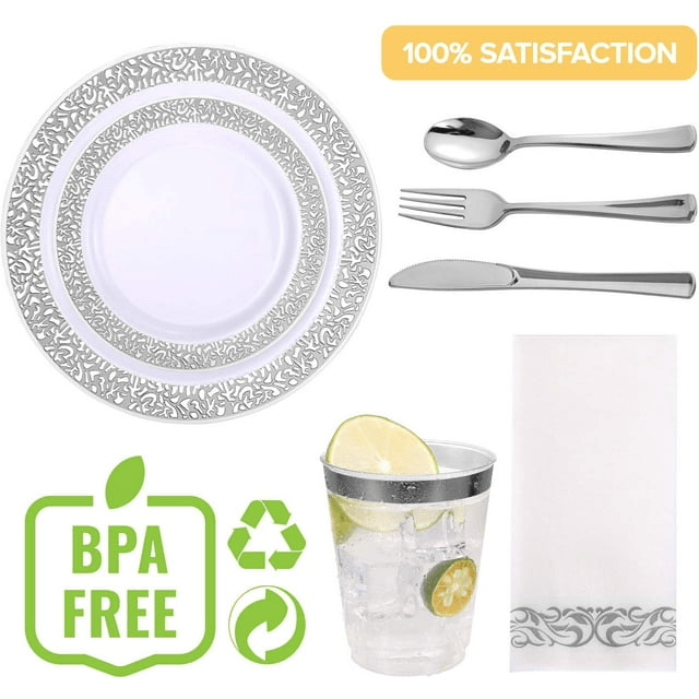 350 Piece Silver Dinnerware Set 50 Guest-100 Silver Lace Plastic Plates-50 Silver Plastic Silverware-50 Silver Plastic Cups-50 Linen Feel Silver Paper Napkins,FOCUSLINE Disposable Dinnerware Set EasyOptionXY LLC