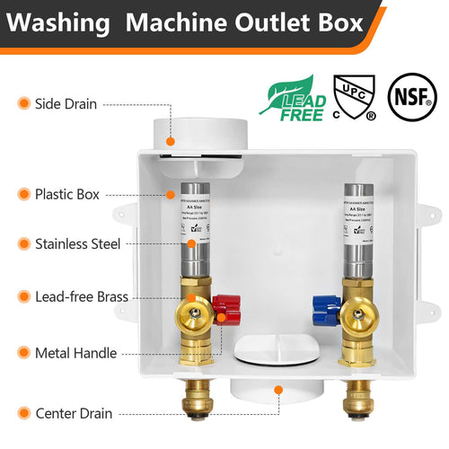 1/2" Push Fit Inlet, Washing Machine Outlet Box, with Stainless Water Hammer Arrestor Plumbingsell