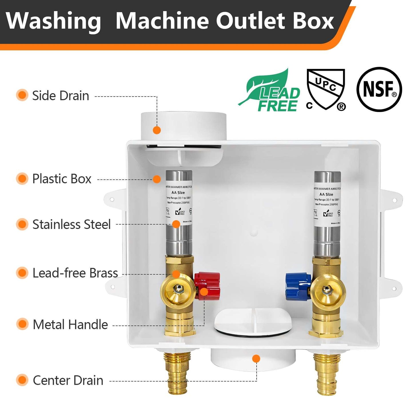 1/2" PEX Expansion (F1960) Inlet, Washing Machine Outlet Box, with Stainless Steel Water Hammer Arrestor