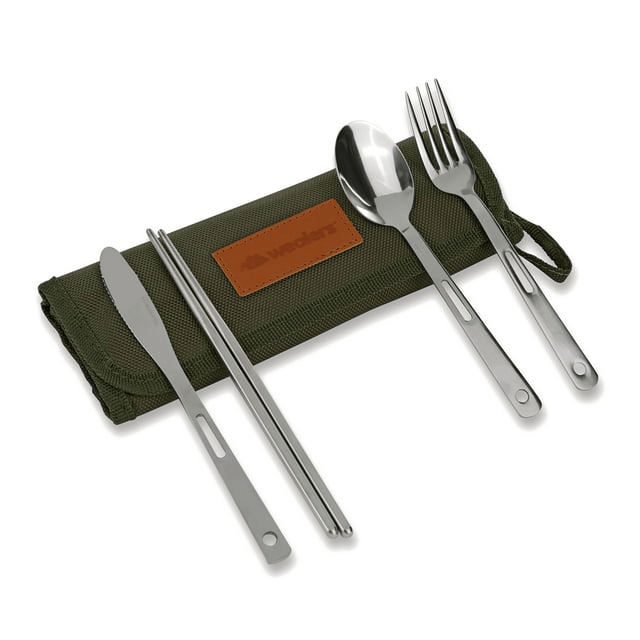13 Piece Stainless Steel Family Cutlery Picnic Utensil Set with Travel Case for Camping | Hiking | BBQs - Includes Forks | Spoons | Knifes | Chopstick, Plus Nylon Commuter Case (Green) EasyOptionXY LLC