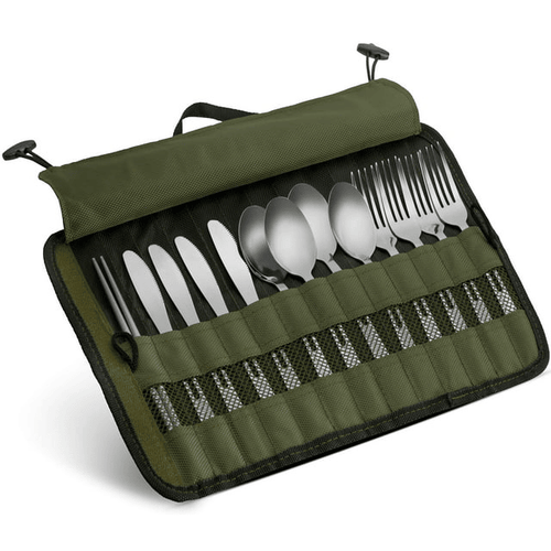 13 Piece Stainless Steel Family Cutlery Picnic Utensil Set with Travel Case for Camping | Hiking | BBQs - Includes Forks | Spoons | Knifes | Chopstick, Plus Nylon Commuter Case (Green) EasyOptionXY LLC