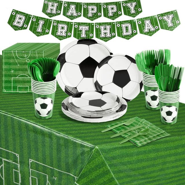 171-Piece Soccer Party Decorations, Serves 24 Sports-Themed Birthday Party Supplies with Plates, Napkins, Cups, and Green Cutlery Set, Tablecloth, and Banner Included EasyOptionXY LLC