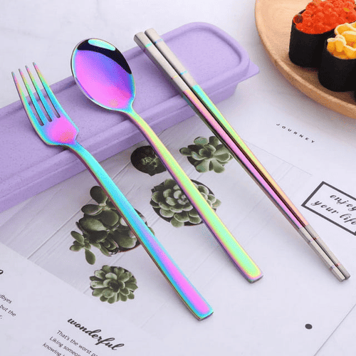 Stainless Steel Cutlery Set - Spoon Fork & Chopsticks with Wheat Box - Travel Set EasyOptionXY LLC