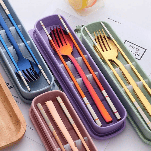 Stainless Steel Cutlery Set - Spoon Fork & Chopsticks with Wheat Box - Travel Set EasyOptionXY LLC