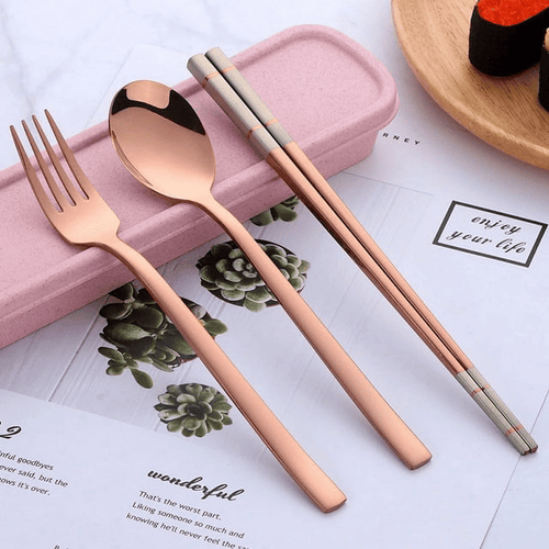 Stainless Steel Cutlery Set - Spoon Fork & Chopsticks with Wheat Box - Travel Set EasyOptionXY LLC