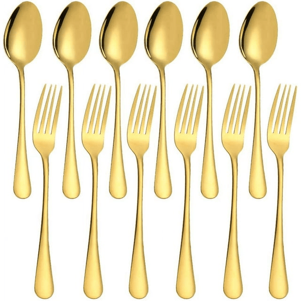 Set of 12, Gold Plated Stainless Steel Dinner Forks and Spoons, findTop Heavy-duty Forks ( 8 Inch ) and Spoons ( 7 Inch ) Cutlery Set- Gold EasyOptionXY LLC