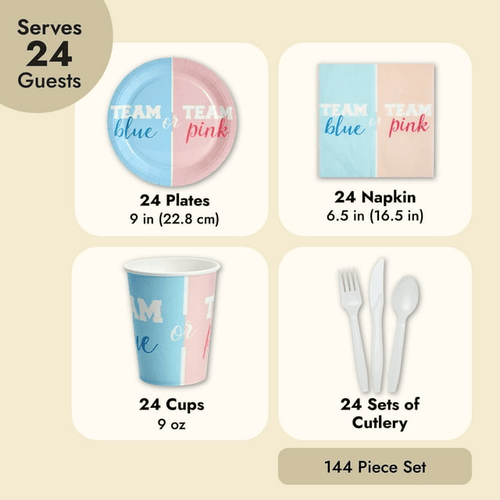 144 Piece Gender Reveal Plates, Napkins, Cups, Cutlery, Team Boy and Team Girl Party Supplies, Decorations (Serves 24) EasyOptionXY LLC