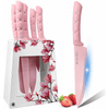 Kitchen Knife Set, Caliamary Pink Flower 6PC Stainless Steel Sharp Chef Knife Set with Acrylic Stand, Cooking Non-slip Knife Set with Block, Non-stick Colorful Coating Gift for Women Girls (Pink) EasyOptionXY LLC