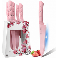 Kitchen Knife Set, Caliamary Pink Flower 6PC Stainless Steel Sharp Chef Knife Set with Acrylic Stand, Cooking Non-slip Knife Set with Block, Non-stick Colorful Coating Gift for Women Girls (Pink) EasyOptionXY LLC