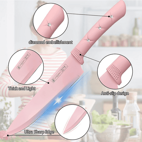 Kitchen Knife Set, Caliamary Pink Flower 6PC Stainless Steel Sharp Chef Knife Set with Acrylic Stand, Cooking Non-slip Knife Set with Block, Non-stick Colorful Coating Gift for Women Girls (Pink) EasyOptionXY LLC