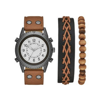 GEORGE Men's Gunmetal Analog Watch Set: White Dial, Brown Vegan Leather, Bonus Bracelets (FMDXGE012). EasyOptionXY LLC