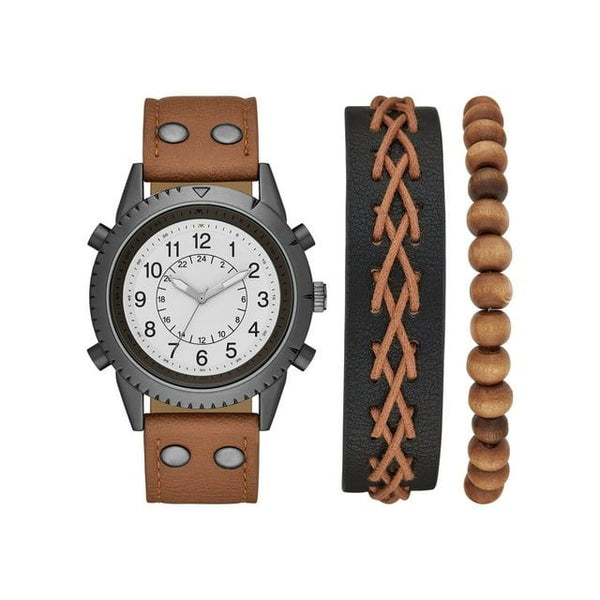 GEORGE Men's Gunmetal Analog Watch Set: White Dial, Brown Vegan Leather, Bonus Bracelets (FMDXGE012). EasyOptionXY LLC