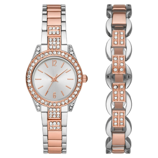 Time & Tru Women's Wristwatch: Silver and Rose Gold Tone Watch & Bracelet Set with Crystal Accents (FMDXTT027) EasyOptionXY LLC