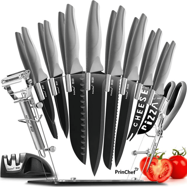 PrinChef Knife Set, 19 Pcs Rust Proof Knives Set for Kitchen, with Acrylic Stand, Sharpener, Scissors and Peeler, Stainless Steel knife sets with Black Coating, Nonstick and No Scratch EasyOptionXY LLC