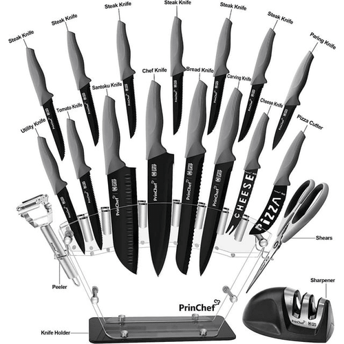 PrinChef Knife Set, 19 Pcs Rust Proof Knives Set for Kitchen, with Acrylic Stand, Sharpener, Scissors and Peeler, Stainless Steel knife sets with Black Coating, Nonstick and No Scratch EasyOptionXY LLC