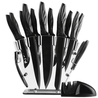 Knife Set with Block,Sharpener,Acrylic Stand 17 PCS Black High Carbon Stainless Steel Kitchen Knives EasyOptionXY LLC