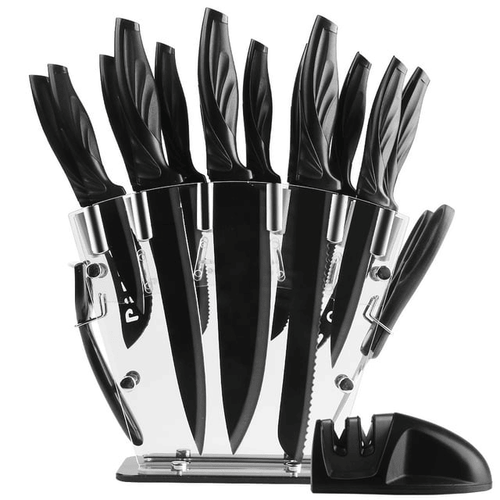 Knife Set with Block,Sharpener,Acrylic Stand 17 PCS Black High Carbon Stainless Steel Kitchen Knives EasyOptionXY LLC