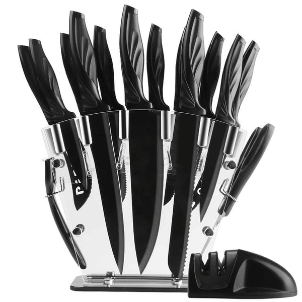 Knife Set with Block,Sharpener,Acrylic Stand 17 PCS Black High Carbon Stainless Steel Kitchen Knives EasyOptionXY LLC