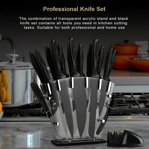 Knife Set with Block,Sharpener,Acrylic Stand 17 PCS Black High Carbon Stainless Steel Kitchen Knives EasyOptionXY LLC