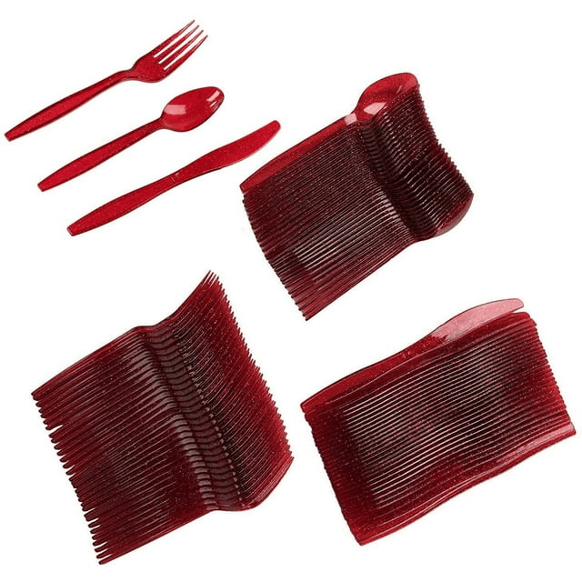 96 Pieces Red Plastic Silverware Set with Spoons, Forks, and Knives for Parties, Birthday, Dinnerware Supplies (Serves 32) EasyOptionXY LLC