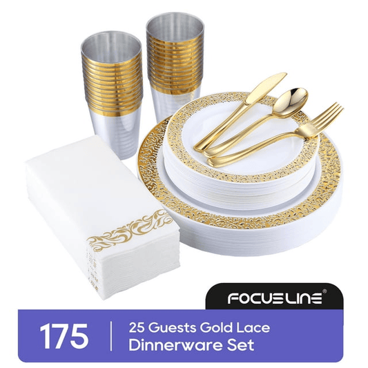 175 Piece Gold Dinnerware Set 25 Guest-50 Gold Lace Plastic Plates-25 Gold Plastic Silverware-25 Gold Plastic Cups-25 Linen Feel Gold Paper Napkins, FOCUSLINE Disposable Dinnerware Set EasyOptionXY LLC