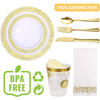 175 Piece Gold Dinnerware Set 25 Guest-50 Gold Lace Plastic Plates-25 Gold Plastic Silverware-25 Gold Plastic Cups-25 Linen Feel Gold Paper Napkins, FOCUSLINE Disposable Dinnerware Set EasyOptionXY LLC