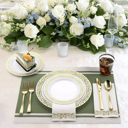 175 Piece Gold Dinnerware Set 25 Guest-50 Gold Lace Plastic Plates-25 Gold Plastic Silverware-25 Gold Plastic Cups-25 Linen Feel Gold Paper Napkins, FOCUSLINE Disposable Dinnerware Set EasyOptionXY LLC