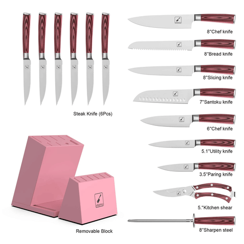 imarku 16-Pieces Kitchen Knife Set, High Carbon Stainless Steel Knives Set for Kitchen, Ultra Sharp Knife Block Set with Sharpener, Pink EasyOptionXY LLC