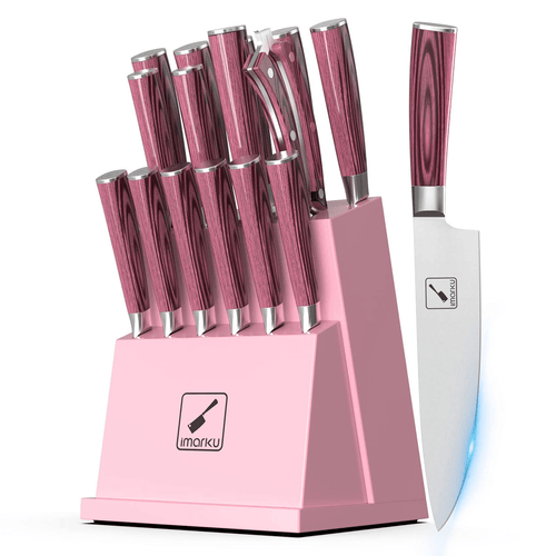 imarku 16-Pieces Kitchen Knife Set, High Carbon Stainless Steel Knives Set for Kitchen, Ultra Sharp Knife Block Set with Sharpener, Pink EasyOptionXY LLC
