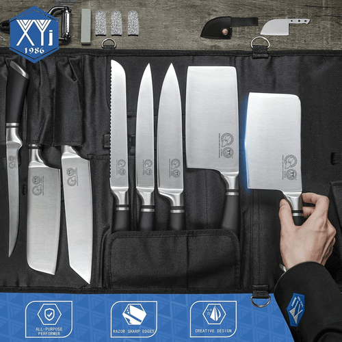 XYJ Authentic Since 1986,Professional Knife Sets for Master Chefs,8-pcs Chef Knife Set with Bag,Sheath,Sharpener Rod,Culinary Kitchen Butcher Meat Knives,Cooking Slicing,Chopping,Stainless Steel EasyOptionXY LLC