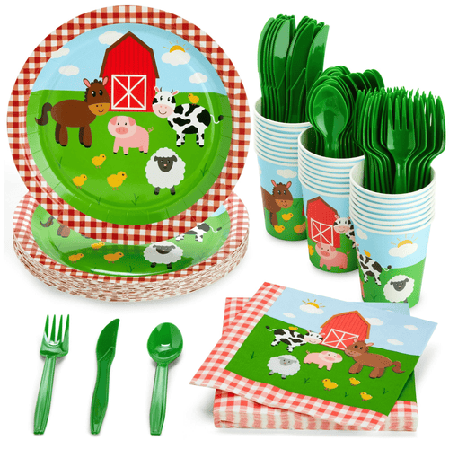 144-Piece Barnyard Birthday Party Supplies Set, Farm Animal Party Decorations With Paper Plates, Dinner Napkins, 9 oz Cups, and Plastic Cutlery (Serves 24 Guests) EasyOptionXY LLC