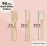 96 Pack Gold Glitter Plastic Silverware for Wedding Party Supplies, Cutlery Includes Forks, Spoons, and Knives (Serves 32) EasyOptionXY LLC