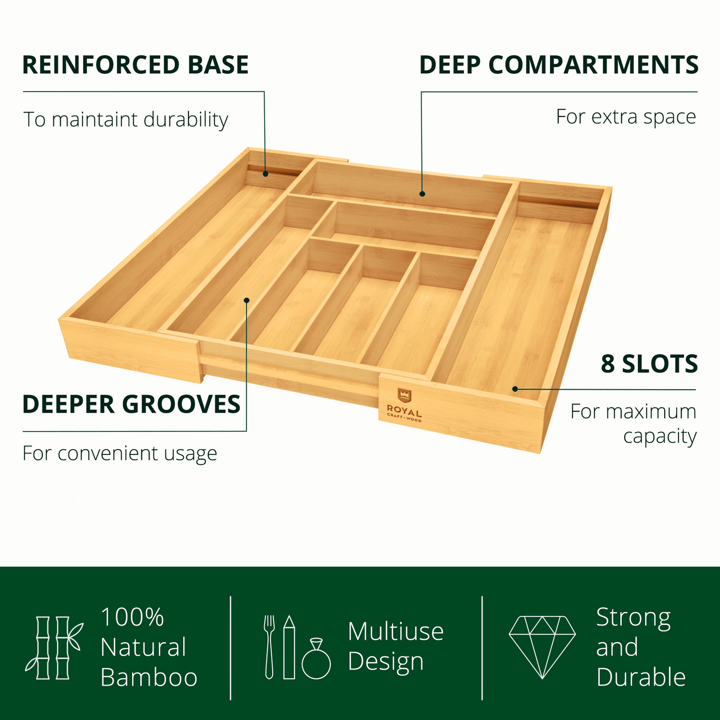 Royal Craft Wood Kitchen Drawer Organizer 6-8 Slot, Expandable Silverware Utensil Organizer 17.00 x 19.00 x 2.00 Inches Natural Bamboo EasyOptionXY LLC