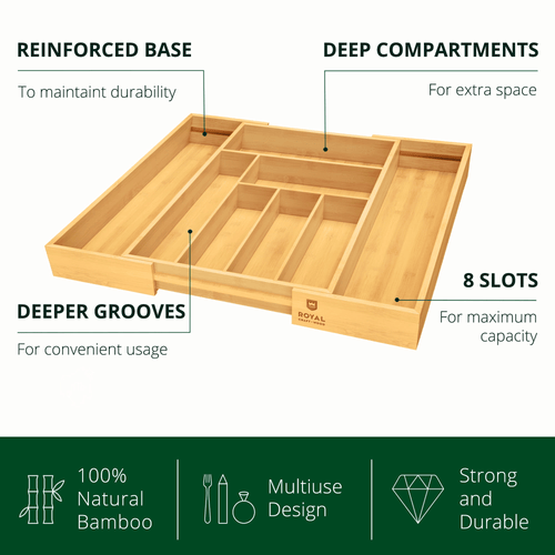 Royal Craft Wood Kitchen Drawer Organizer 6-8 Slot, Expandable Silverware Utensil Organizer 17.00 x 19.00 x 2.00 Inches Natural Bamboo EasyOptionXY LLC