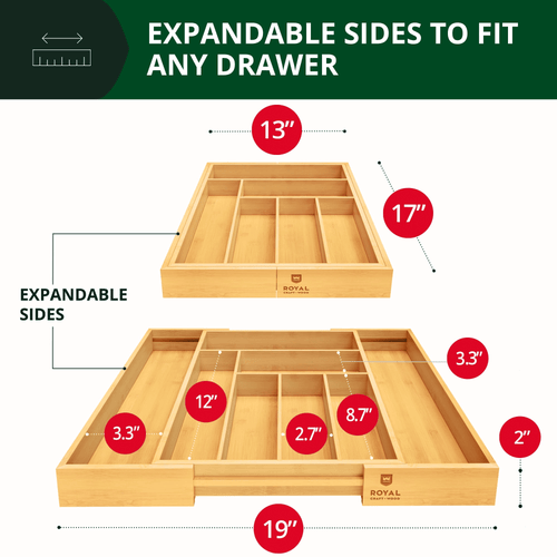 Royal Craft Wood Kitchen Drawer Organizer 6-8 Slot, Expandable Silverware Utensil Organizer 17.00 x 19.00 x 2.00 Inches Natural Bamboo EasyOptionXY LLC