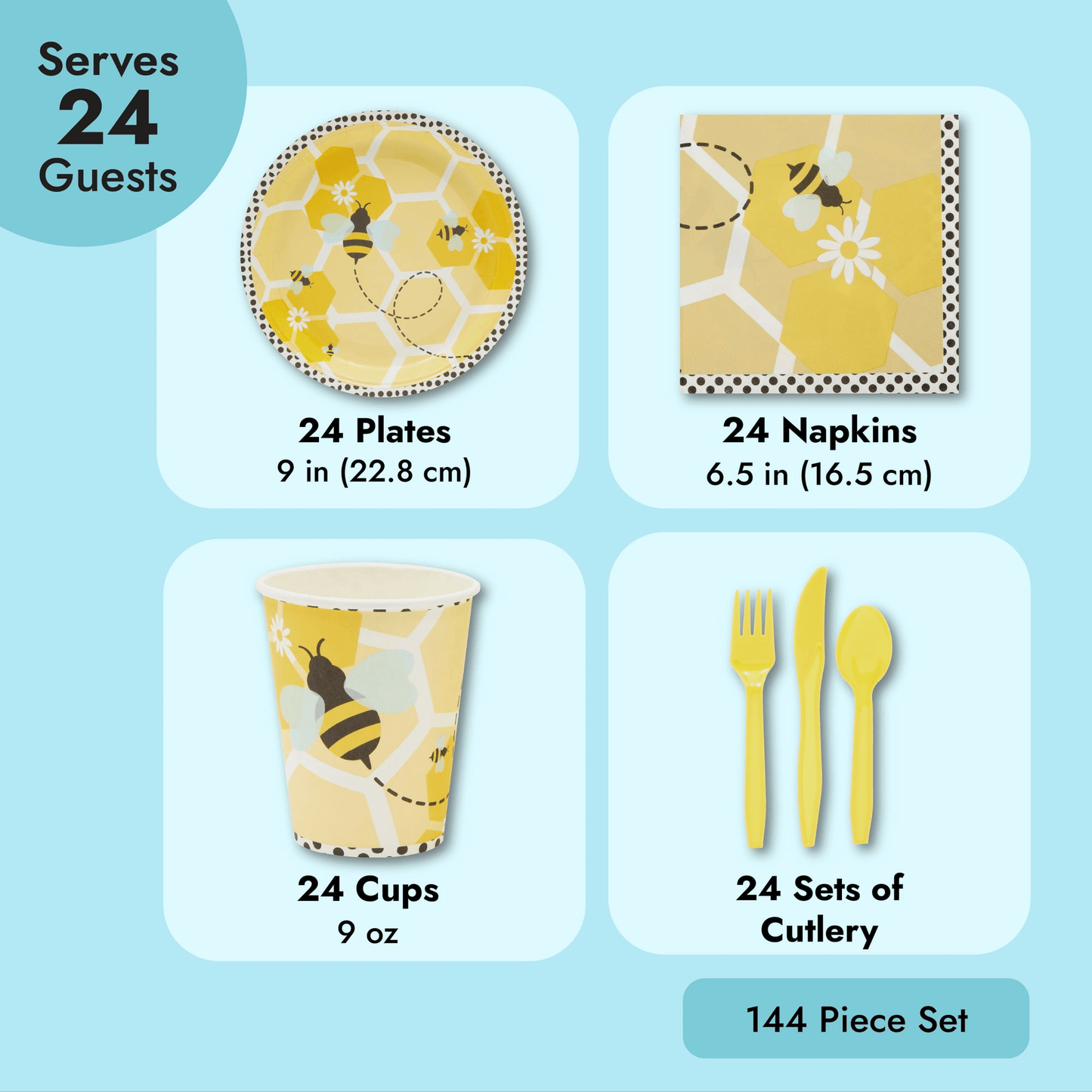 144 Piece Bumble Bee Party Supplies - Serves 24 Party Plates, Napkins, Cups, and Cutlery for What Will It Bee Gender Reveal Decorations EasyOptionXY LLC