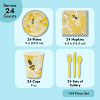 144 Piece Bumble Bee Party Supplies - Serves 24 Party Plates, Napkins, Cups, and Cutlery for What Will It Bee Gender Reveal Decorations EasyOptionXY LLC